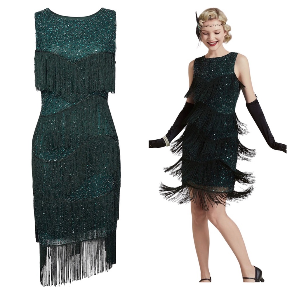 Vintage-Inspired Emerald Green Fringe Flapper Dress